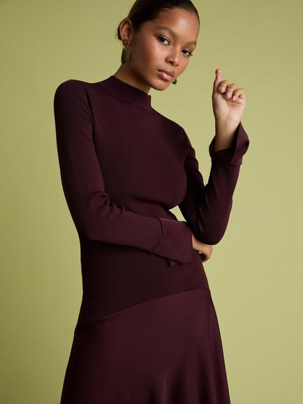 FLORERE Acacia Curved Seam Fit & Flare Midi Dress, Burgundy - view 2, Burgundy