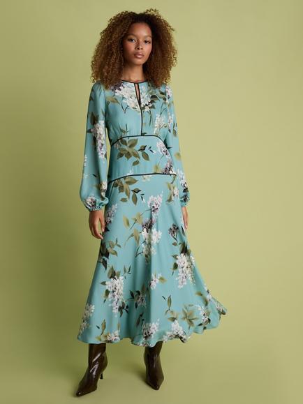 FLORERE Floral Print Fit & Flare Midi Dress, Blue/Multi, Blue/Multi