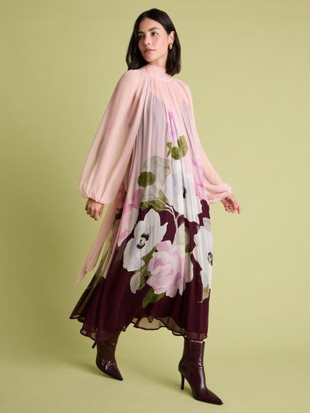 FLORERE Tie Neck Blouson Sleeve Floral Print Midi Dress, Pink/Multi, Pink/Multi