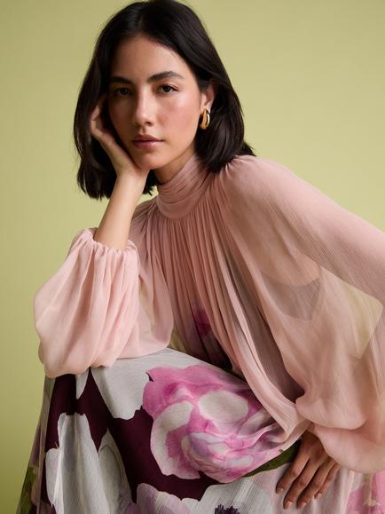 FLORERE Tie Neck Blouson Sleeve Floral Print Midi Dress, Pink/Multi - view 2, Pink/Multi