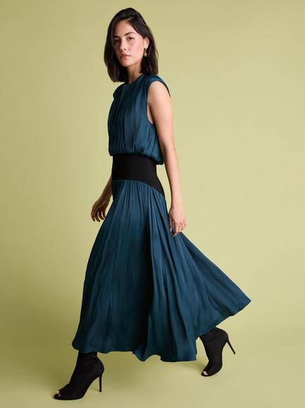 FLORERE Sleeveless Knit Rib Waist Satin Midi Dress, Blue, Blue
