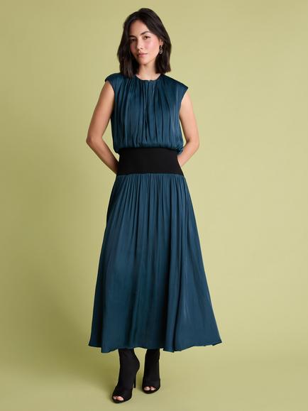 FLORERE Sleeveless Knit Rib Waist Satin Midi Dress, Blue - view 2, Blue