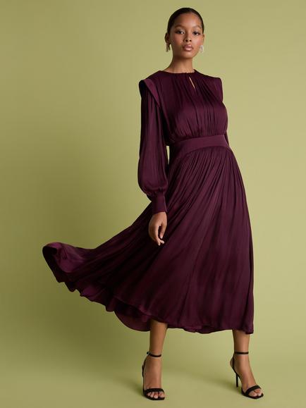 FLORERE Keyhole Neck Fit & Flare Satin Midi Dress, Burgundy, Burgundy