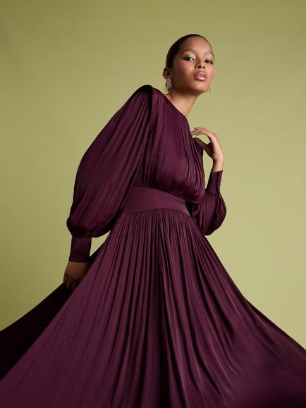 FLORERE Keyhole Neck Fit & Flare Satin Midi Dress, Burgundy - view 2, Burgundy