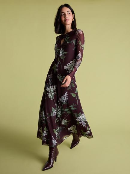FLORERE Wisteria Floral Print Mesh Midi Dress, Burgundy/Multi, Burgundy/Multi