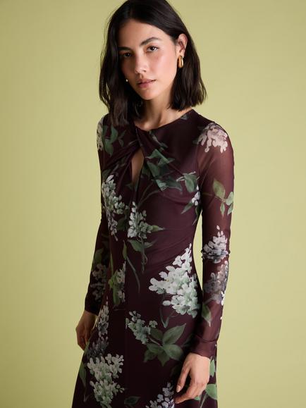 FLORERE Wisteria Floral Print Mesh Midi Dress, Burgundy/Multi - view 2, Burgundy/Multi