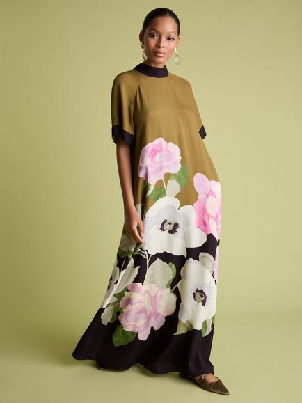 FLORERE Winter Peony Floral Print Short Sleeve Column Maxi Dress, Khaki/Multi, Khaki/Multi