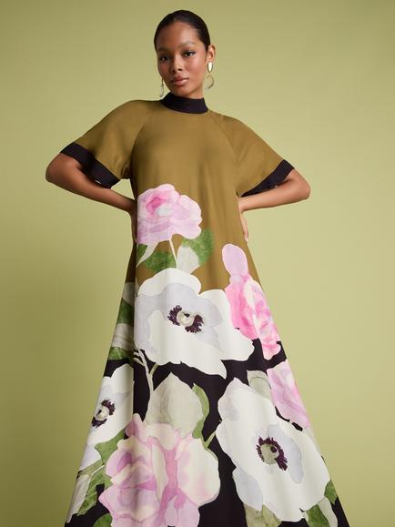 FLORERE Winter Peony Floral Print Short Sleeve Column Maxi Dress, Khaki/Multi - view 2, Khaki/Multi