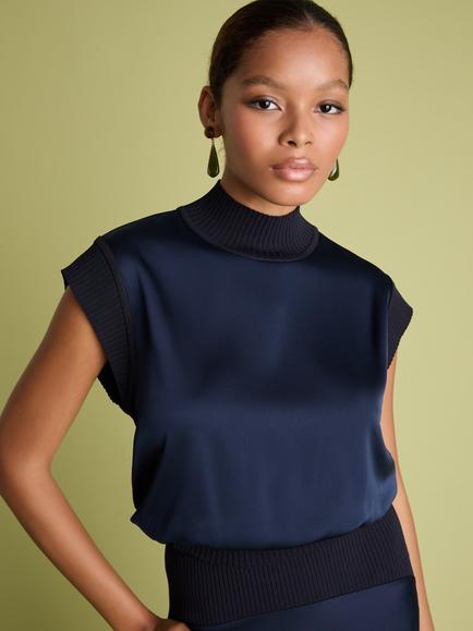 FLORERE Sleeveless Knit Rib Collar Satin Top, Navy, Navy
