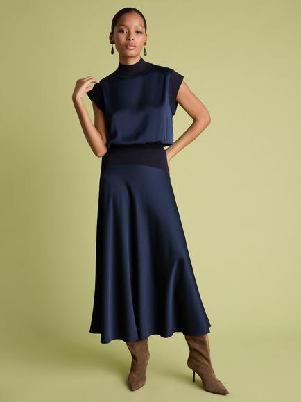 FLORERE Sleeveless Knit Rib Collar Satin Top, Navy - view 2, Navy