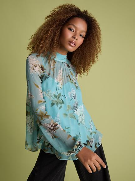 FLORERE Floral Print Blouson Tie Back Top, Blue/Multi, Blue/Multi