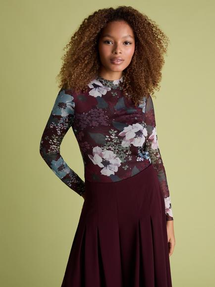 FLORERE Anemone Floral Print Mesh Top, Burgundy/Multi, Burgundy/Multi