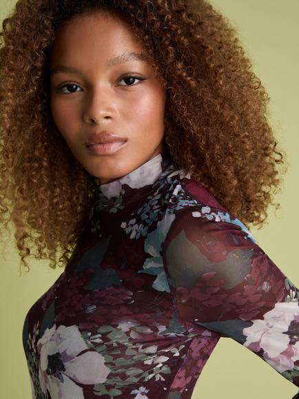 FLORERE Anemone Floral Print Mesh Top, Burgundy/Multi - view 2, Burgundy/Multi