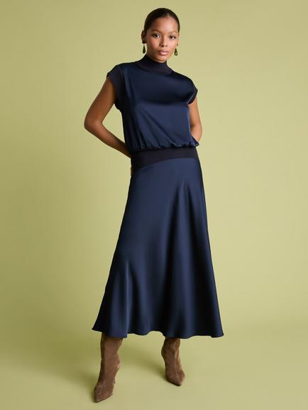 FLORERE Knit Rib Waist Satin Midi Skirt, Navy, Navy