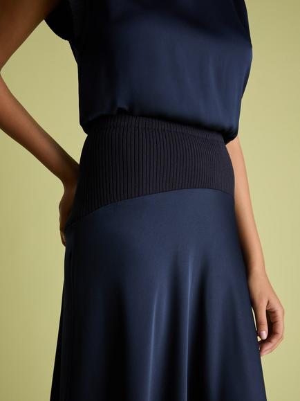 FLORERE Knit Rib Waist Satin Midi Skirt, Navy - view 2, Navy