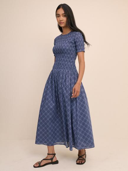 Nobody's Child Shay Short Sleeve Check Cotton Midi Dress, Blue, Blue