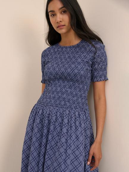 Nobody's Child Shay Short Sleeve Check Cotton Midi Dress, Blue - view 2, Blue