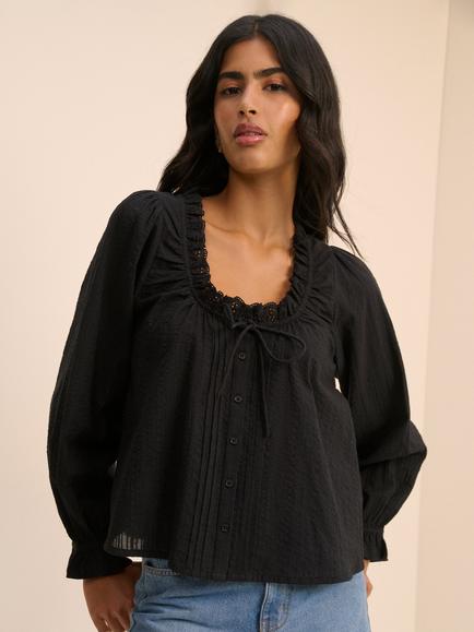Nobody's Child Lumi Short Puff Sleeve Lace Trim Cotton Blouse, Black