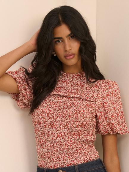 Nobody's Child Nicola Short Sleeve Floral Georgette Shirred Top, Pink/Multi - view 2, Pink Multi
