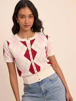 Nobody's Child Argyle Short Sleeve Pure Cotton Cardigan, Cream/Pink/Red, Cream/Pink/Red