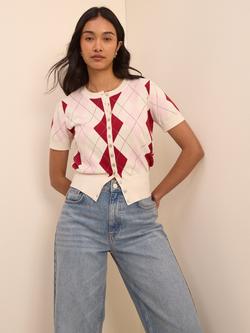 Nobody's Child Argyle Short Sleeve Pure Cotton Cardigan, Cream/Pink/Red - view 2, Cream/Pink/Red