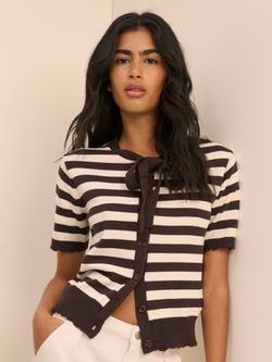 Nobody's Child Striped Cotton Knit Tie Neck Short Sleeve Cardigan, White/Brown, White/Brown