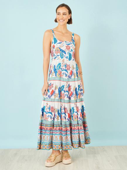 Yumi Block Floral Tiered Maxi Dress, Blue