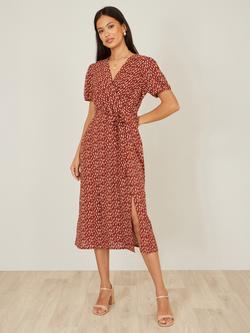 Yumi Short Sleeve Wrap Front Midi Dress, Brown, Brown