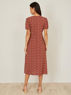 Yumi Short Sleeve Wrap Front Midi Dress, Brown - view 2, Brown