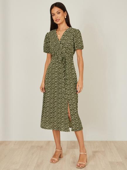 Yumi Short Sleeve Wrap Front Midi Dress, Green