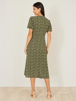 Yumi Spot Print Short Sleeve Wrap Front Midi Dress, Green - view 2, Green