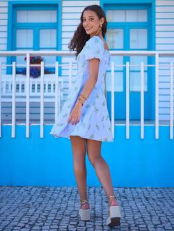 Yumi Floral Short Puff Sleeve Mini Dress, Blue - view 2, Blue