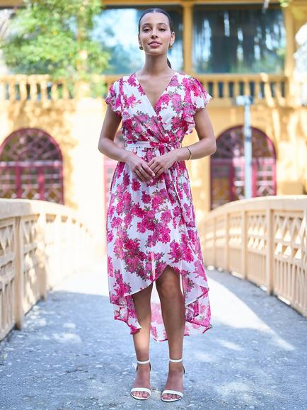 Yumi Floral Flutter Sleeve Wrap Dress, Ivory, Ivory