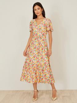 Yumi Floral Flutter Sleeve Midi Tea Dress, Multi, Multi