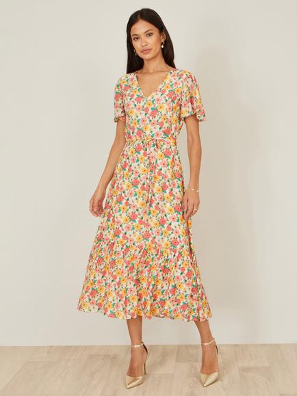 Yumi Floral Flutter Sleeve Midi Tea Dress, Multi, Multi