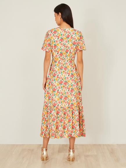 Yumi Floral Flutter Sleeve Midi Tea Dress, Multi - view 2, Multi