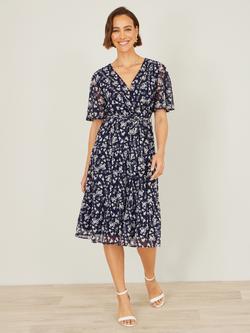 Yumi Short Sleeve Floral Wrap Midi Dress, Navy, Navy