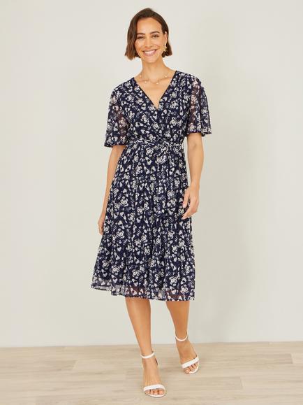 Yumi Short Sleeve Floral Wrap Midi Dress, Navy, Navy