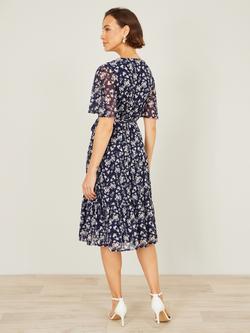 Yumi Short Sleeve Floral Wrap Midi Dress, Navy - view 2, Navy