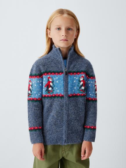 John Lewis Kids' Penguin Zip Through Jumper, Denim/Blue, Denim/ Blue