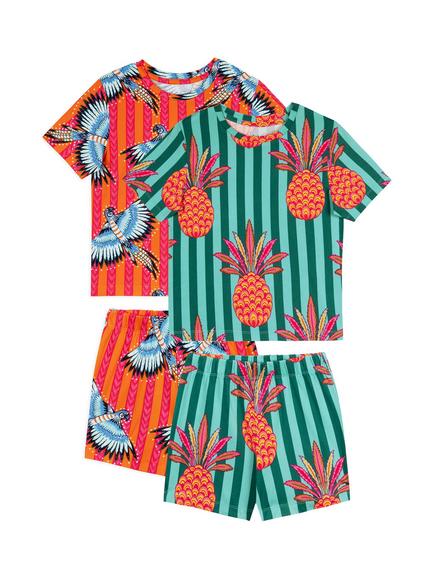 Chelsea Peers Kids' Parrot Pineapple Stripe Print Short Pyjamas, Pack of 2, Orange, Orange