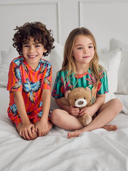 Chelsea Peers Kids' Parrot Pineapple Stripe Print Short Pyjamas, Pack of 2, Orange - view 2, Orange
