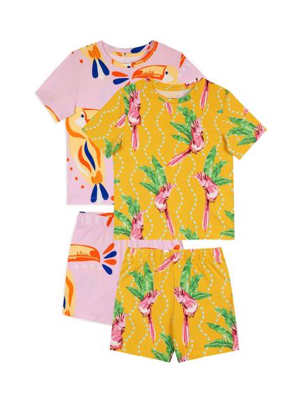 Chelsea Peers Kids' Parrot Stripe Toucan Print Short Pyjamas, Pack of 2, Orange, Orange