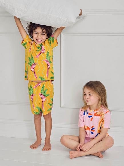 Chelsea Peers Kids' Parrot Stripe Toucan Print Short Pyjamas, Pack of 2, Orange - view 2, Orange