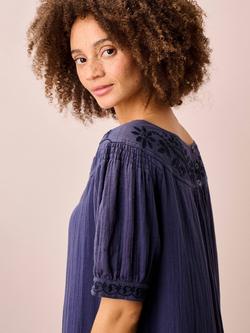 Brora Embroidered Organic Cotton Cheesecloth Tunic Dress, Indigo - view 2, Indigo