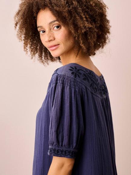 Brora Embroidered Organic Cotton Cheesecloth Tunic Dress, Indigo - view 2, Indigo
