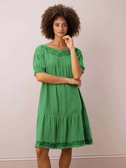 Brora Embroidered Organic Cotton Cheesecloth Tunic Dress, Jade, Jade