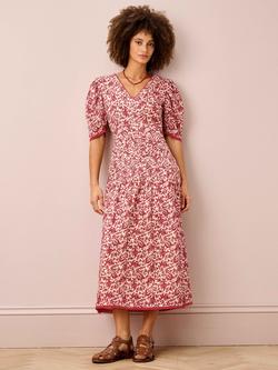 Brora Paisely V-Neck Organic Cotton Dress, Cherry & Ecru, Cherry & Ecru