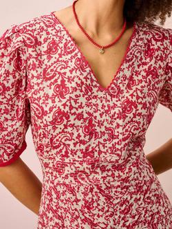 Brora Paisely V-Neck Organic Cotton Dress, Cherry & Ecru - view 2, Cherry & Ecru