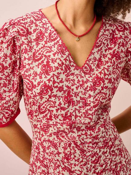 Brora Paisely V-Neck Organic Cotton Dress, Cherry & Ecru - view 2, Cherry & Ecru
